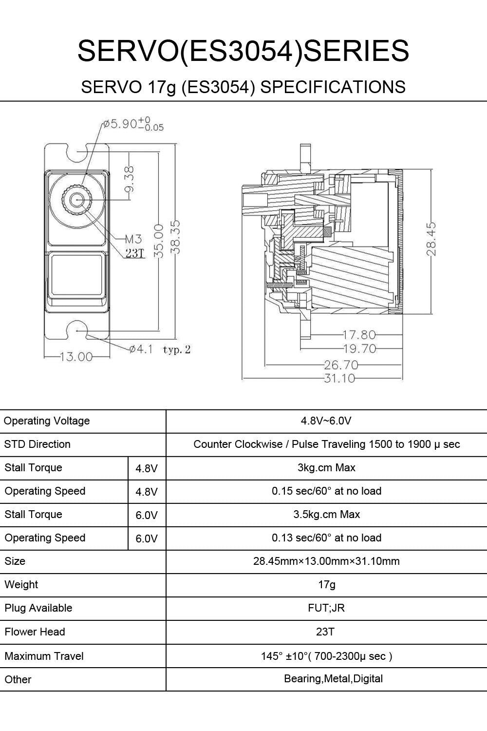 Emax ES3054 Servo - 3.5Kg (48.6 oz in), .13/sec - 17 grams – Aloft