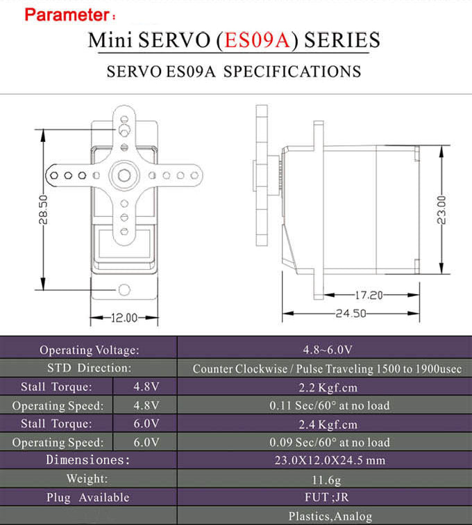 Emax ES09A Servo - 2.4kg (33.32 oz in), .09/sec - 11.6 grams