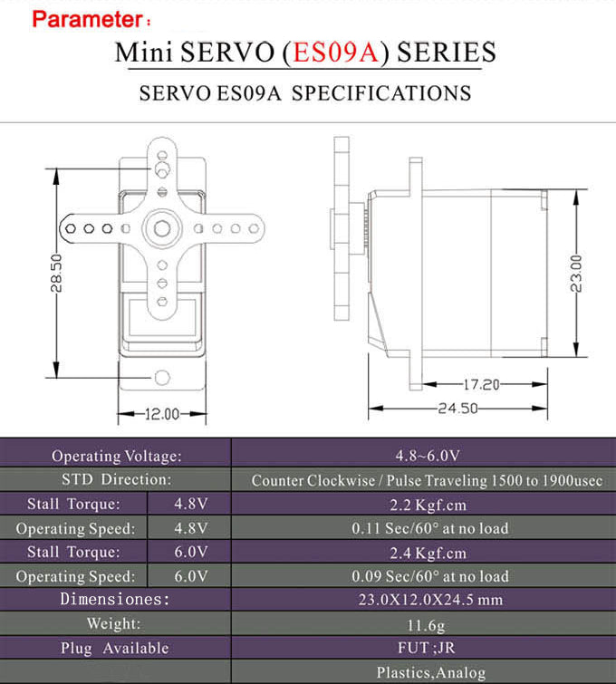 Emax ES09A Servo - 2.4kg (33.32 oz in), .09-sec - 11.6 grams