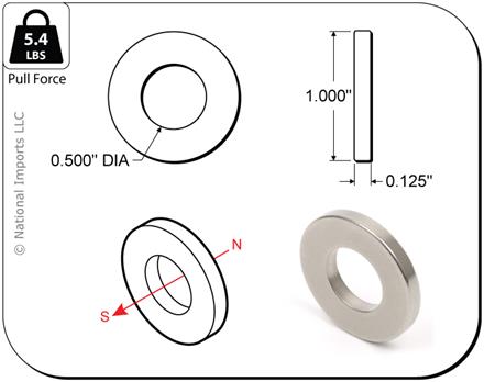 1" x 1/2" x 1/8" Ring Magnets, 4-count